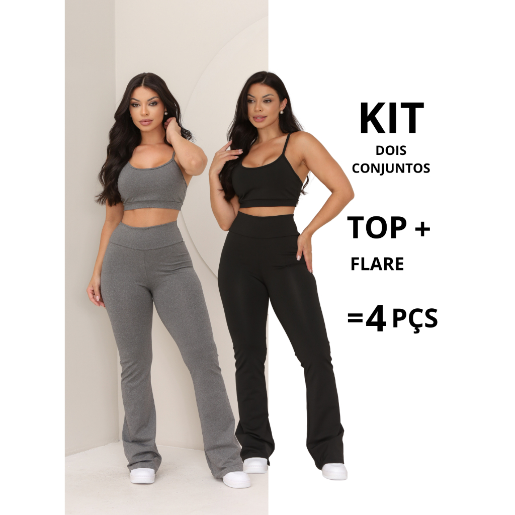 Kit 2 conjuntos top calças legging flare feminino fitness academia