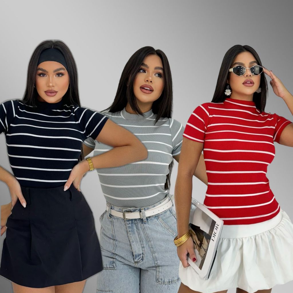 Blusas Feminina Manga Curta Gola Redonda Slim Coladinha Ribana Canelada Alta Qualidade Listras