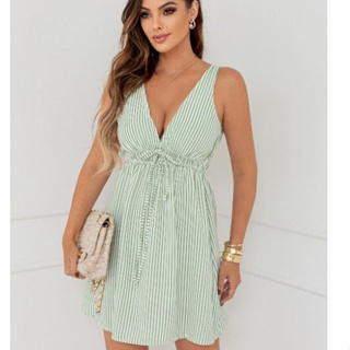 vestido curto feminino listrado costa aberta, alça fina, tecido duna, verão 2025” em Oferta na Shopee