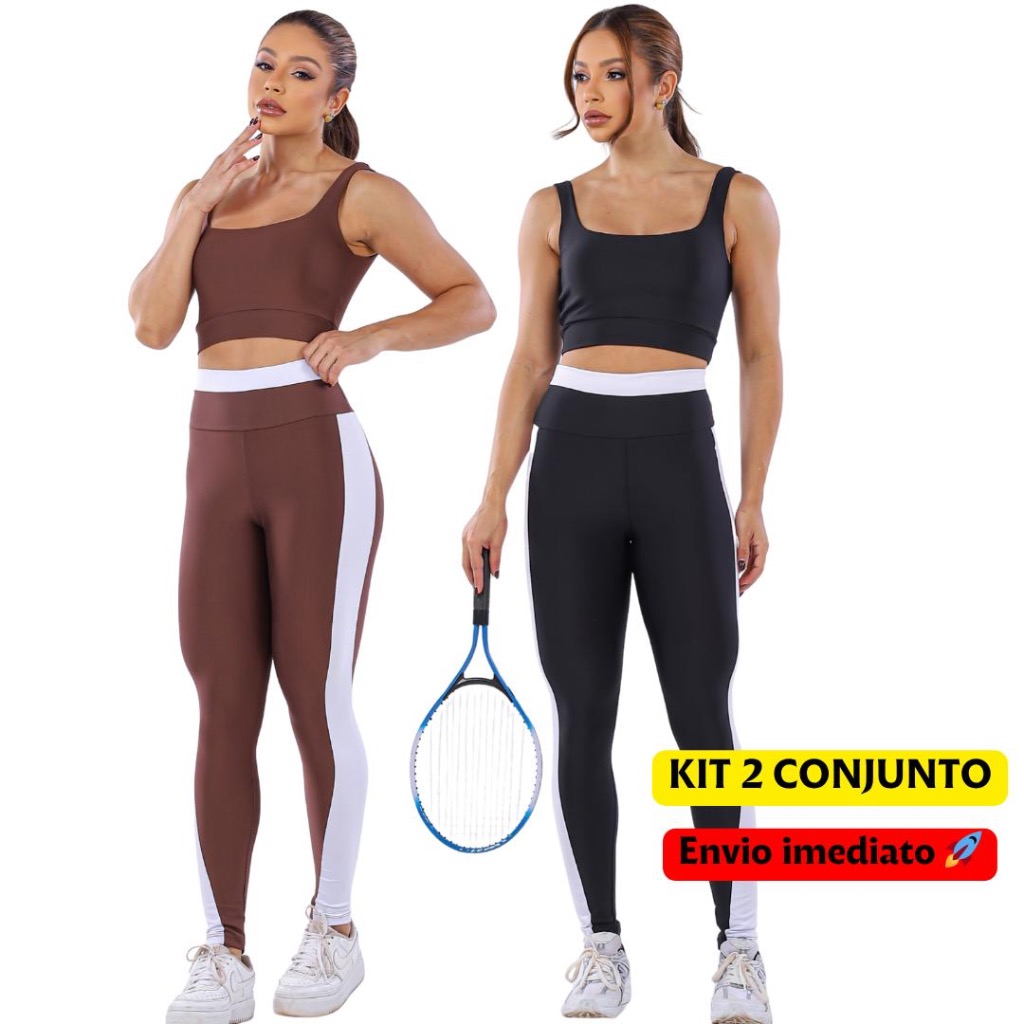 KIT 2 Conjunto Feminino de Academia Calça Legging + Top com Alta Compressão e Zero Transparência fitness