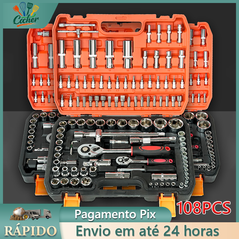 Kit Profissional 108 Peças: Jogo de Ferramentas, Soquetes e Chaves com Caixa Multi Funções