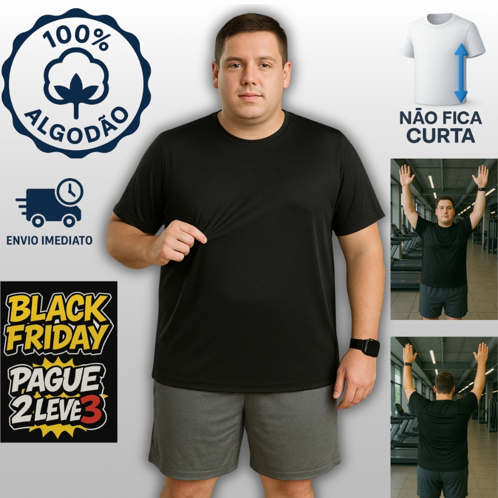 Camiseta Masculina Plus Size G1-G4 Algodão Blusa Preta Masculino Camisa Roupa T Shirt Basica Gordo