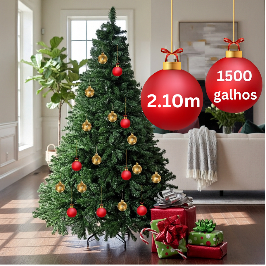 Árvore de Natal Luxo 210cm com 1500 Galhos e Base de Ferro – Grande, Realista e Desmontável