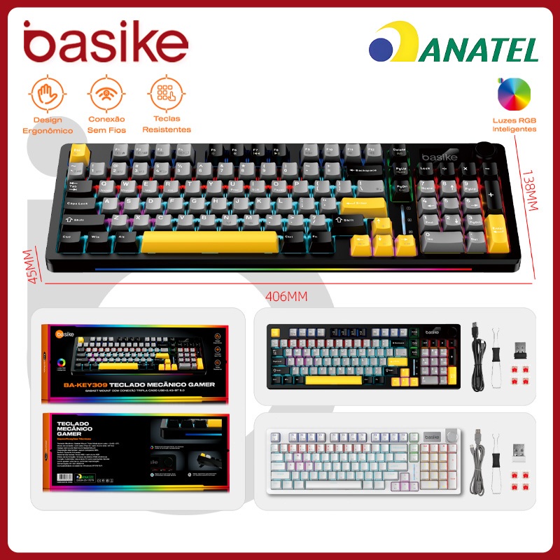 Basike Teclado Mecanico Sem Fio Bluetooth três modos Switch Vermelho troca a quente，Mecanico Gamer Ergonômico RGB，KEY309 em Oferta na Shopee