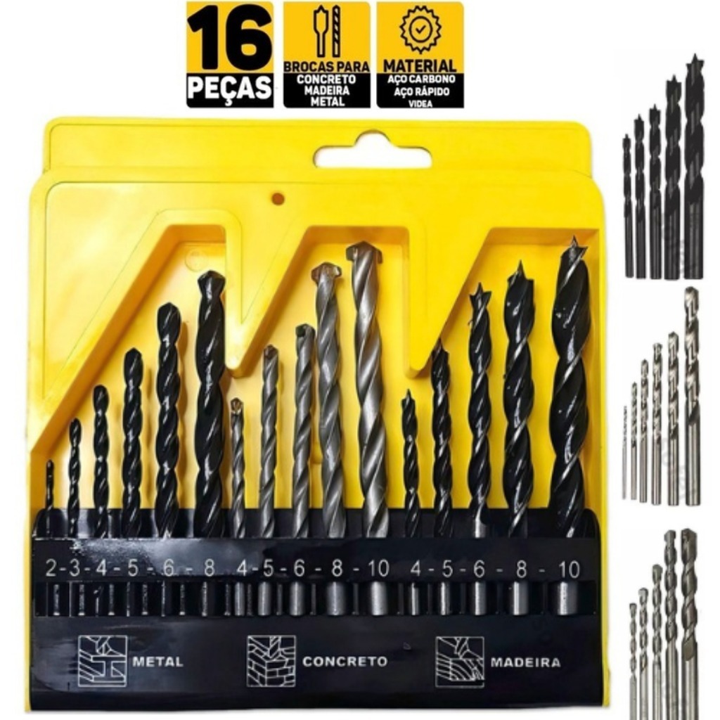 Kit Jogo De Brocas Estojo 16 Peças Madeira Metal Concreto Aço Metal Para Furadeira Parafusadeira