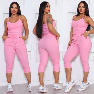 Macacão Jogger de Alça Feminino Em Bengaline Com Bojo em Oferta na Shopee