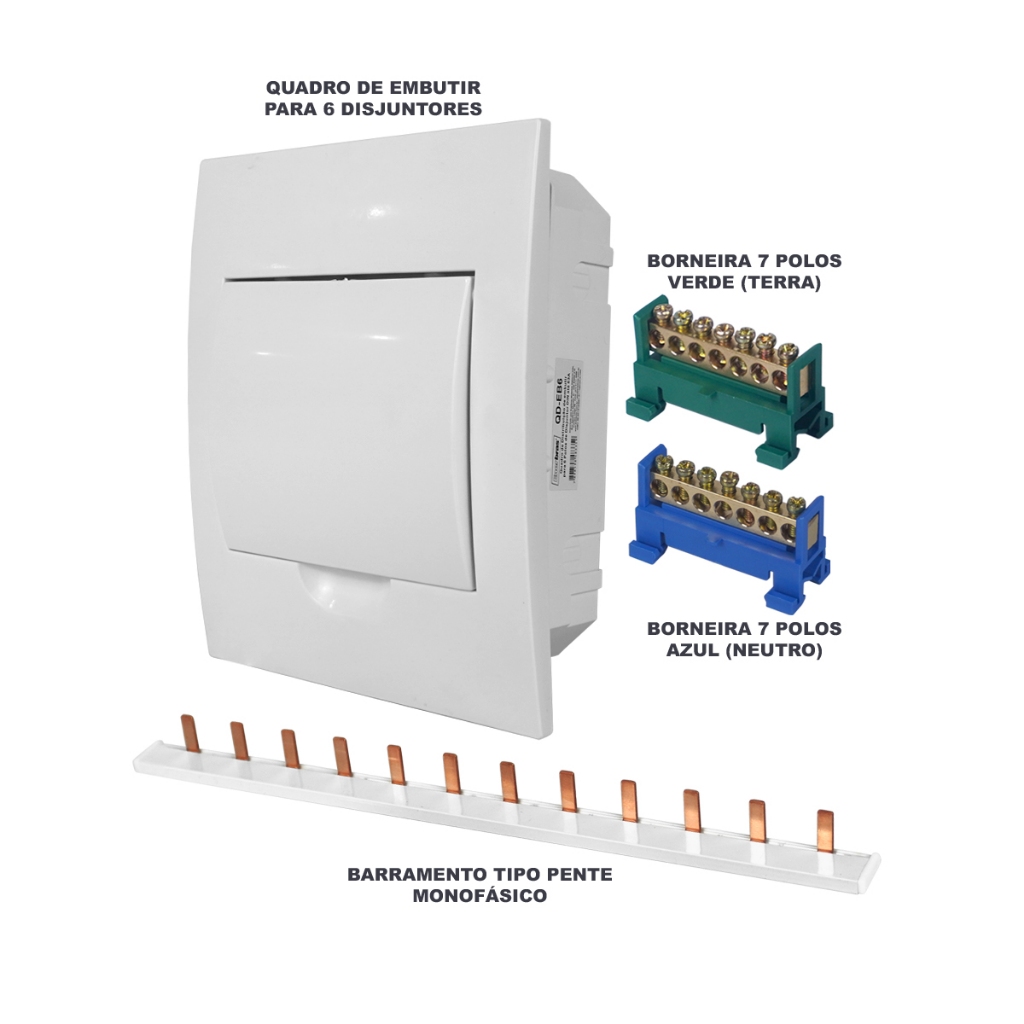 Kit Quadro Caixa de Embutir para 6 disjuntores com Barramentos