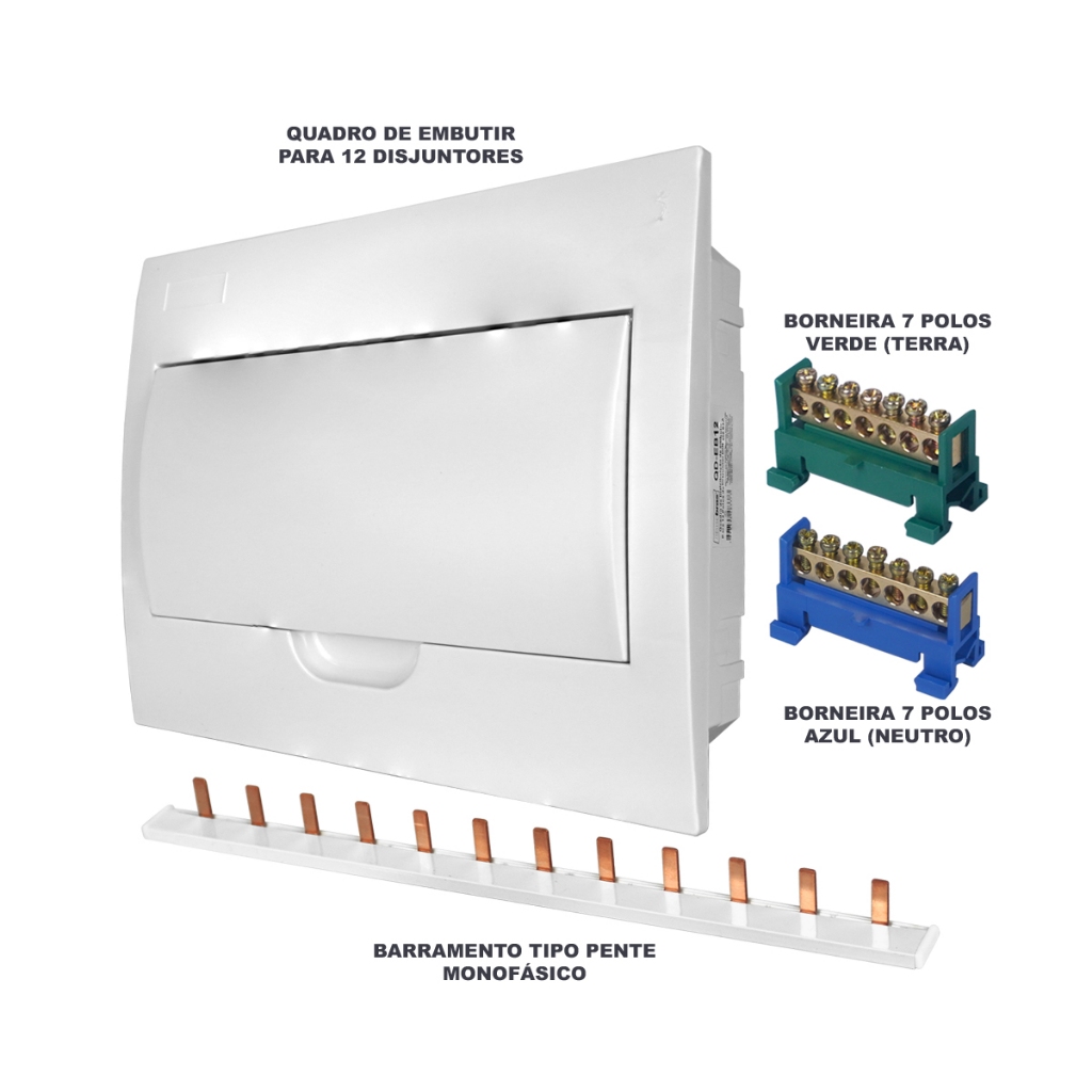 Kit Quadro Caixa de Embutir para 12 disjuntores com Barramentos