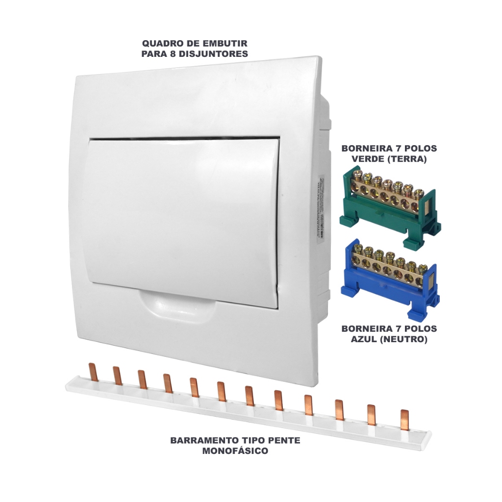 Kit Quadro Caixa de Embutir para 8 disjuntores com Barramentos