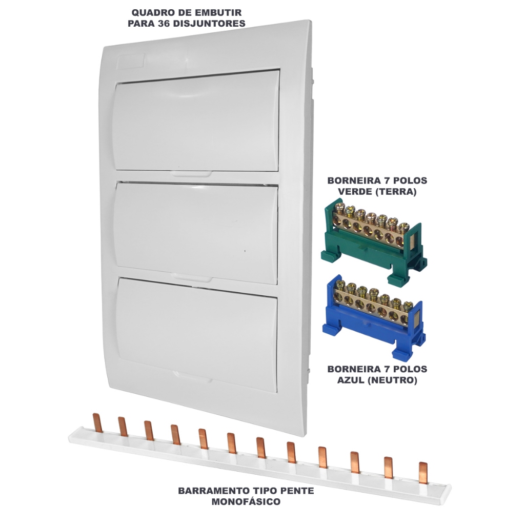 Quadro de Distribuição Embutir 36 Disjuntores com Barramentos Kit Completo Caixa Elétrica Residencial Alta Qualidade