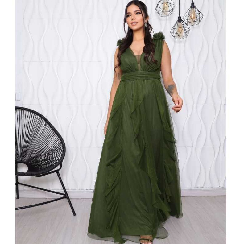 Vestido Longo Feminino Elegante Verde Oliva em Tule com Camadas Fluido para Festa Madrinha Luxo 2025