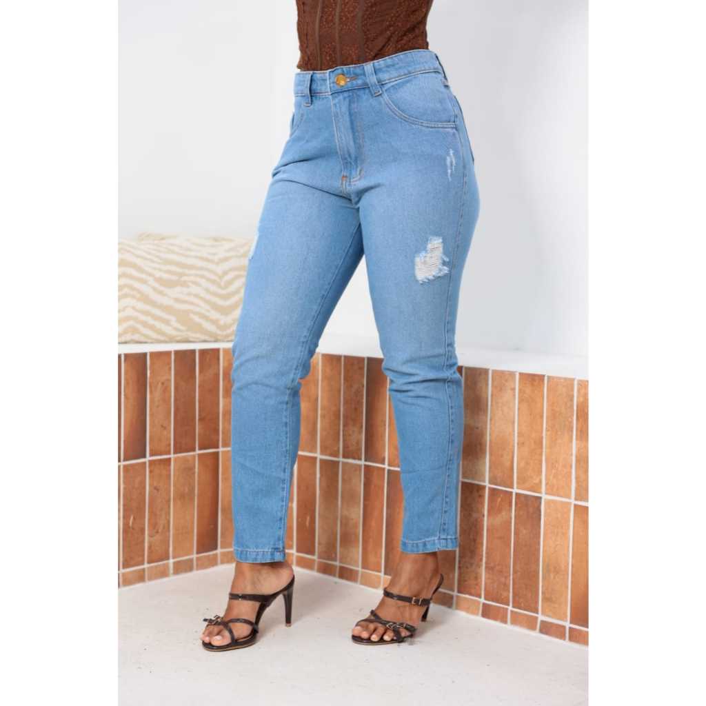 Calça Mom Jeans Destroyed Cintura Alta Blogueira Em 100% Algodão Versatil Dia A Dia