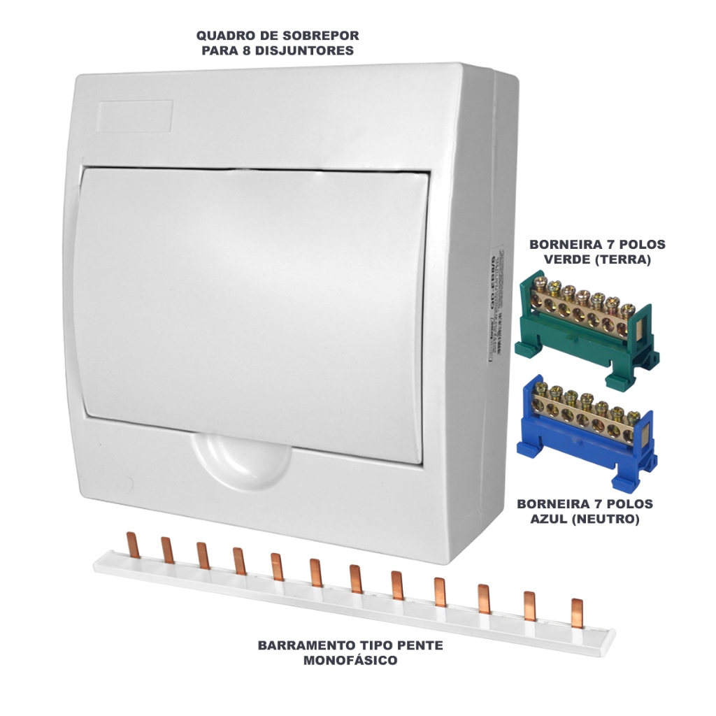 Quadro de Distribuição Sobrepor 8 Disjuntores com Barramentos Kit Completo Caixa Elétrica Residencial Profissional