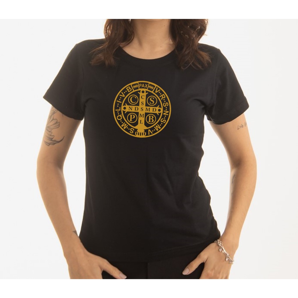 Baby Look Feminino 100% Algodão Estampa São Bento Dourado Super Confortavél Alta Qualidade