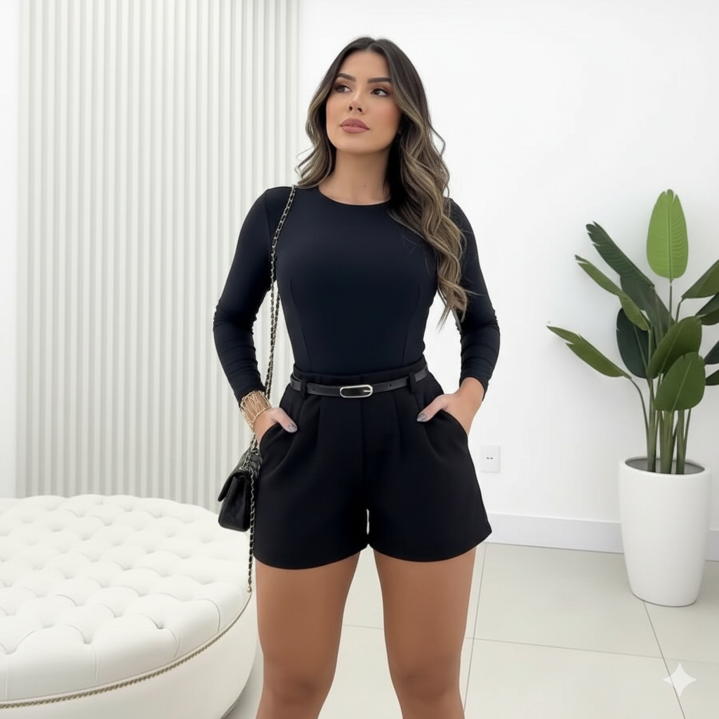 Short Feminino Alfaiataria Premium com Cinto, Bolso Frontal e Zíper na Lateral