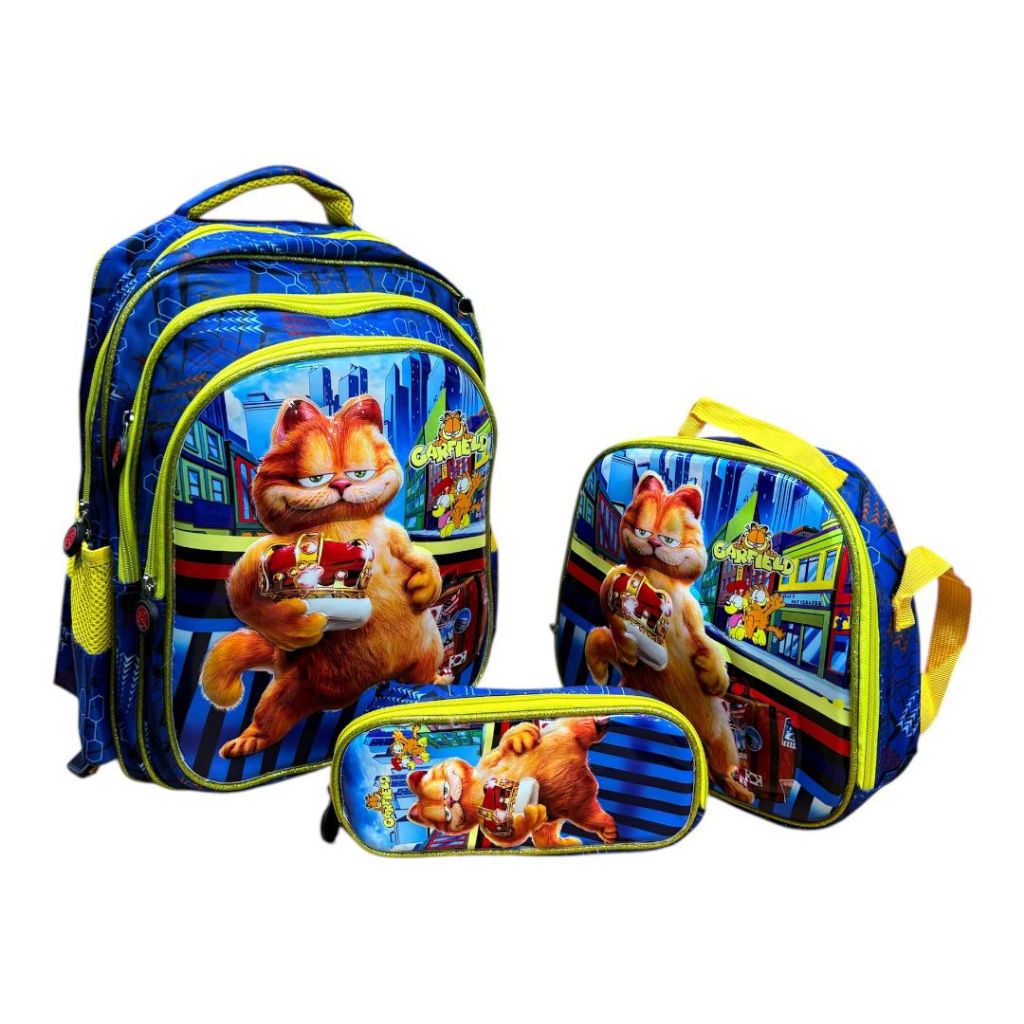Mochila Infantil Escolar Garfield Impermeável 3D + LANCHEIRA TÉRMICA + estojo grande menino