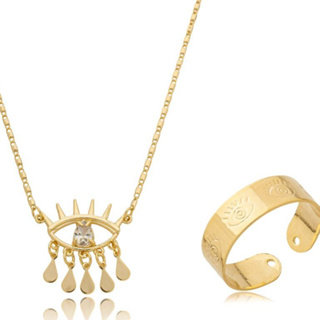 Colar olho grego com zircônia + anel regulável olho grego semijoia a ouro 18k em Oferta na Shopee