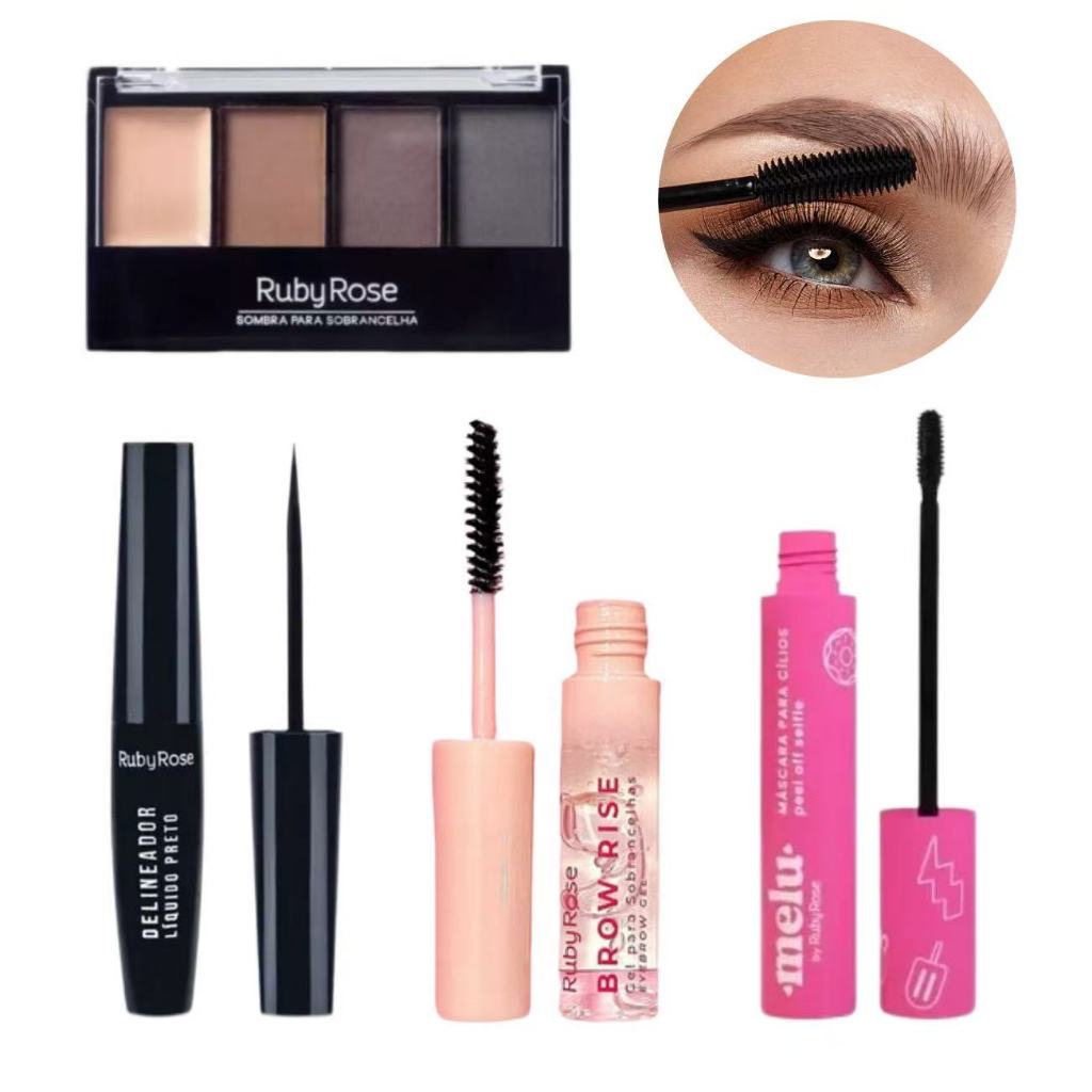 Kit C/4 de Delineador Líquido + Gel para Sobrancelhas +Rímel + Sombra para Sobrancelhas,RUBY ROSE em Oferta na Shopee