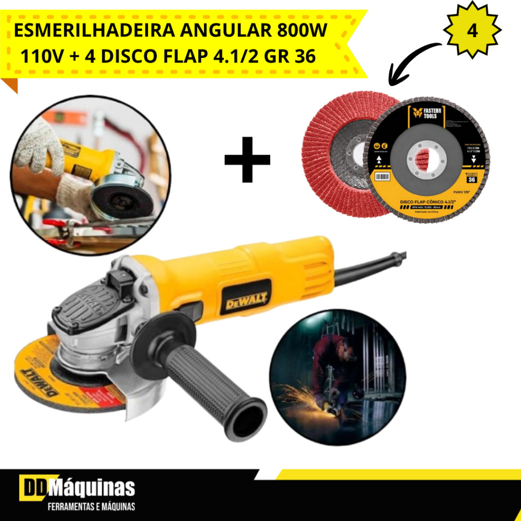 Kit Esmerilhadeira Angular 4.1 800W 110V + Disco Flap Grão 36 4.1/2 Cor Preto - Dewalt/Fasterr em Oferta na Shopee