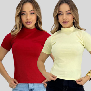 KIT 2 BLUSAS FEMININA GOLA ALTA BASICA MANGA CURTA em Oferta na Shopee