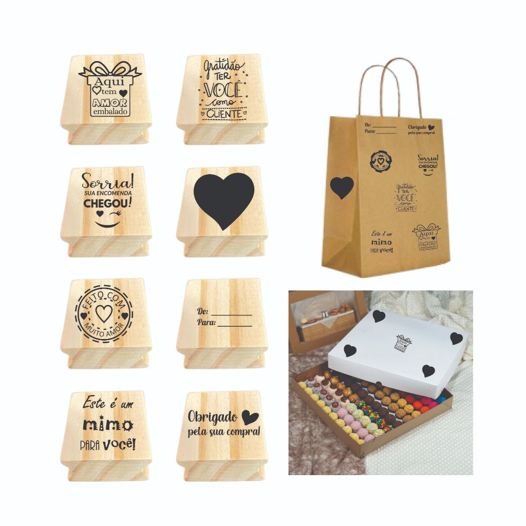 Kit 8 Carimbos + 1 Almofada Preta Personalize sacolas kraft, caixas de papelão, tag