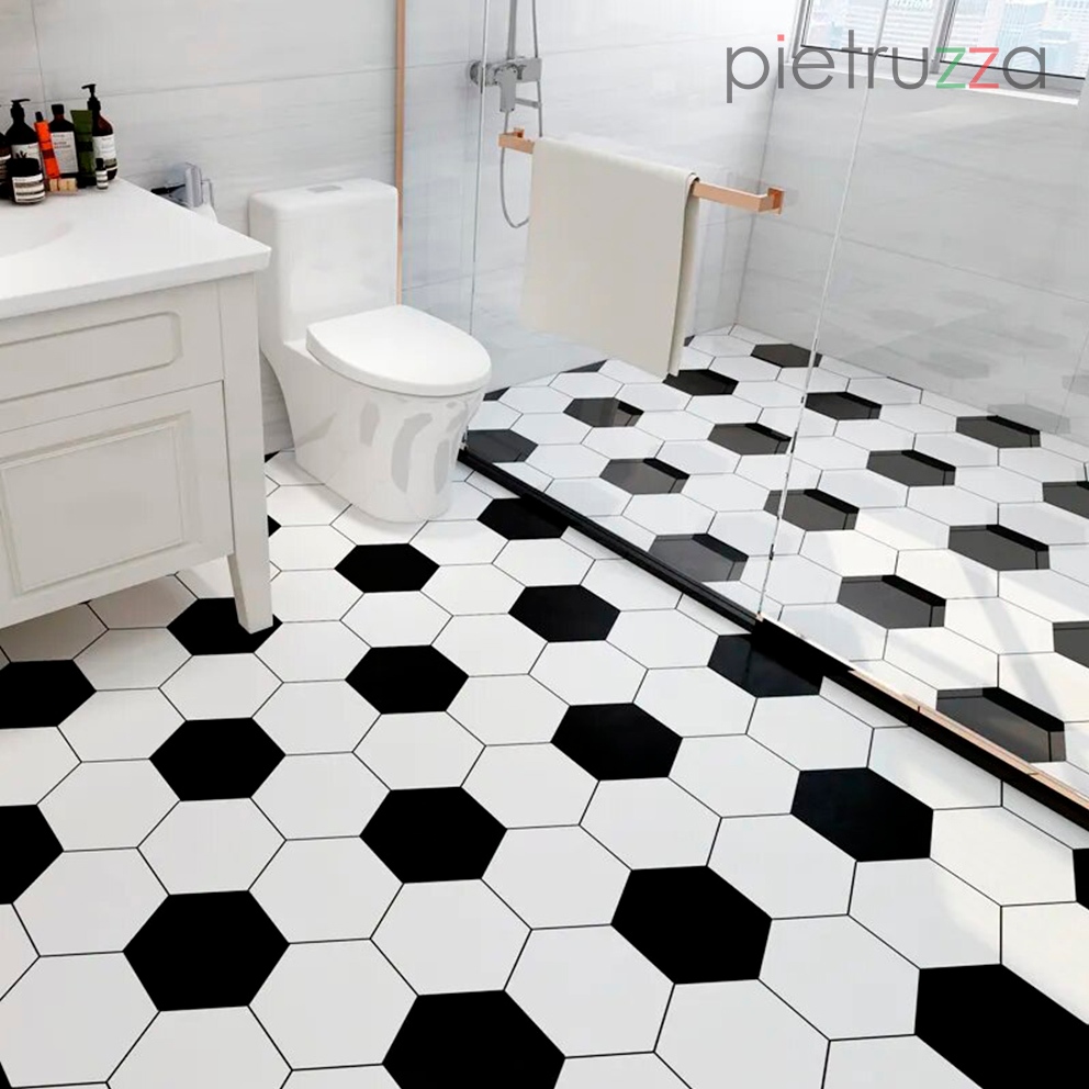 Adesivo P/ Piso Ladrilho Hidráulico Pietruzza - 5 M X 60 Cm - Hexágonal Preto