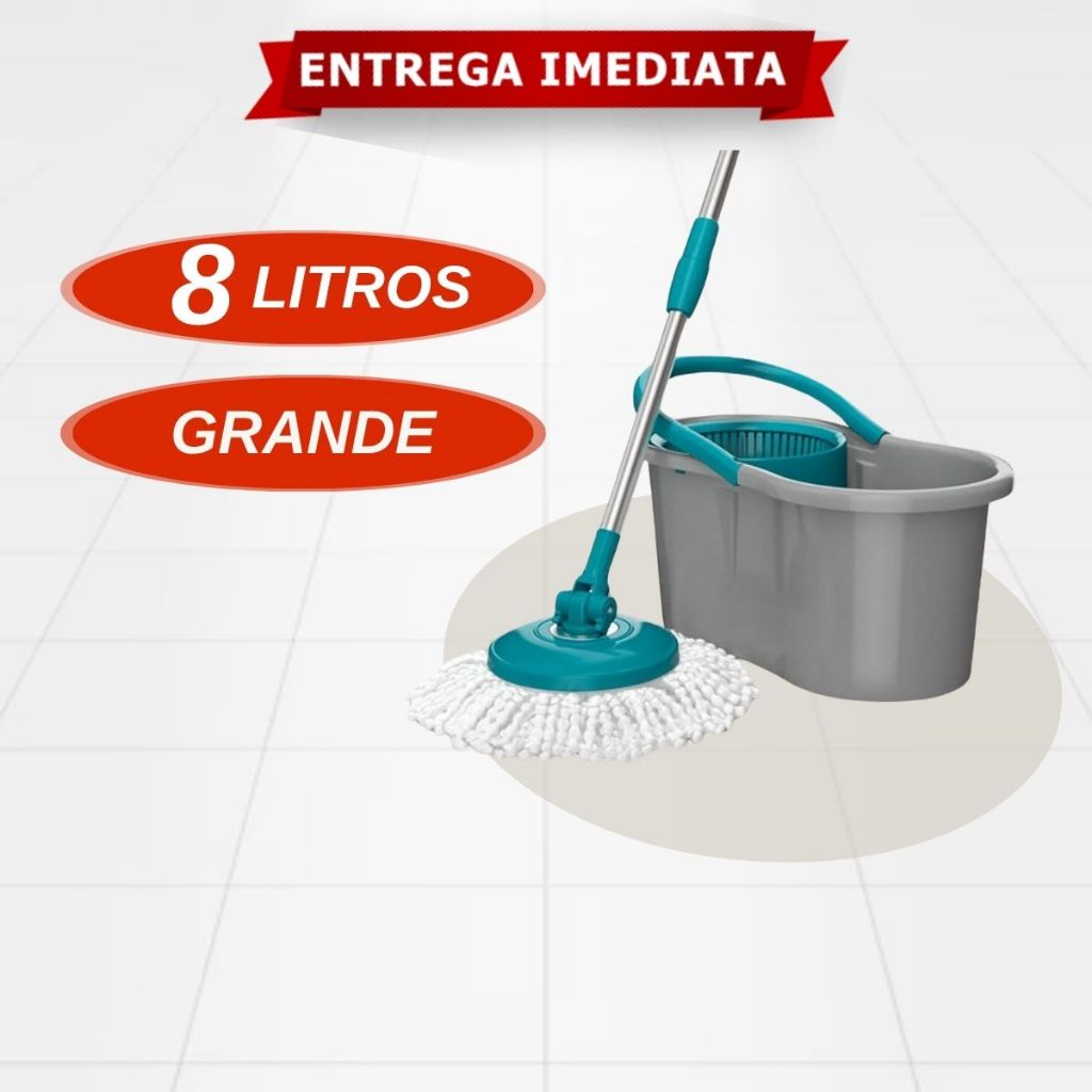 Mop Giratório 8 Litros Fit Cesto Plástico Esfregão Microfibra Cabo Inox em Oferta na Shopee