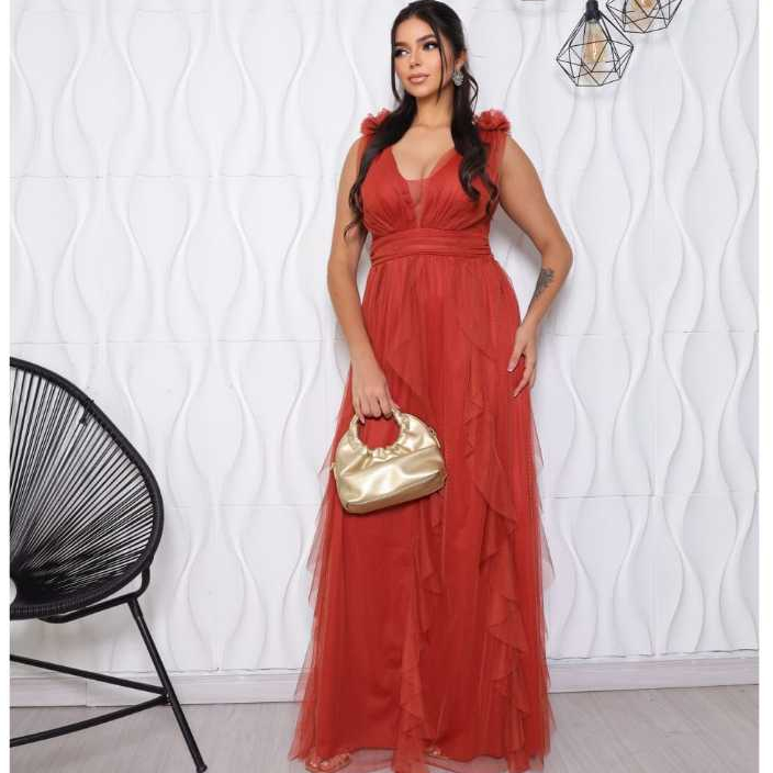 Vestido Longo Feminino Elegante em Tule com Camadas Fluido para Festa Madrinha Luxo 2025 em Oferta na Shopee