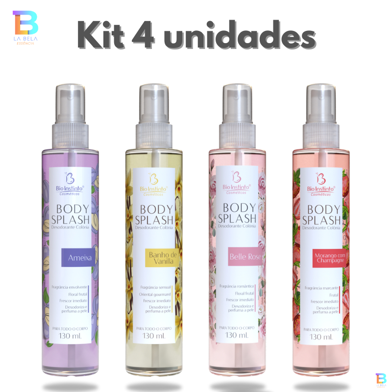Kit 4 Unidades Body Splash Desodorante Colônia Bio Instinto 130ml – Ameixa, Vanilla, Belle e Morango