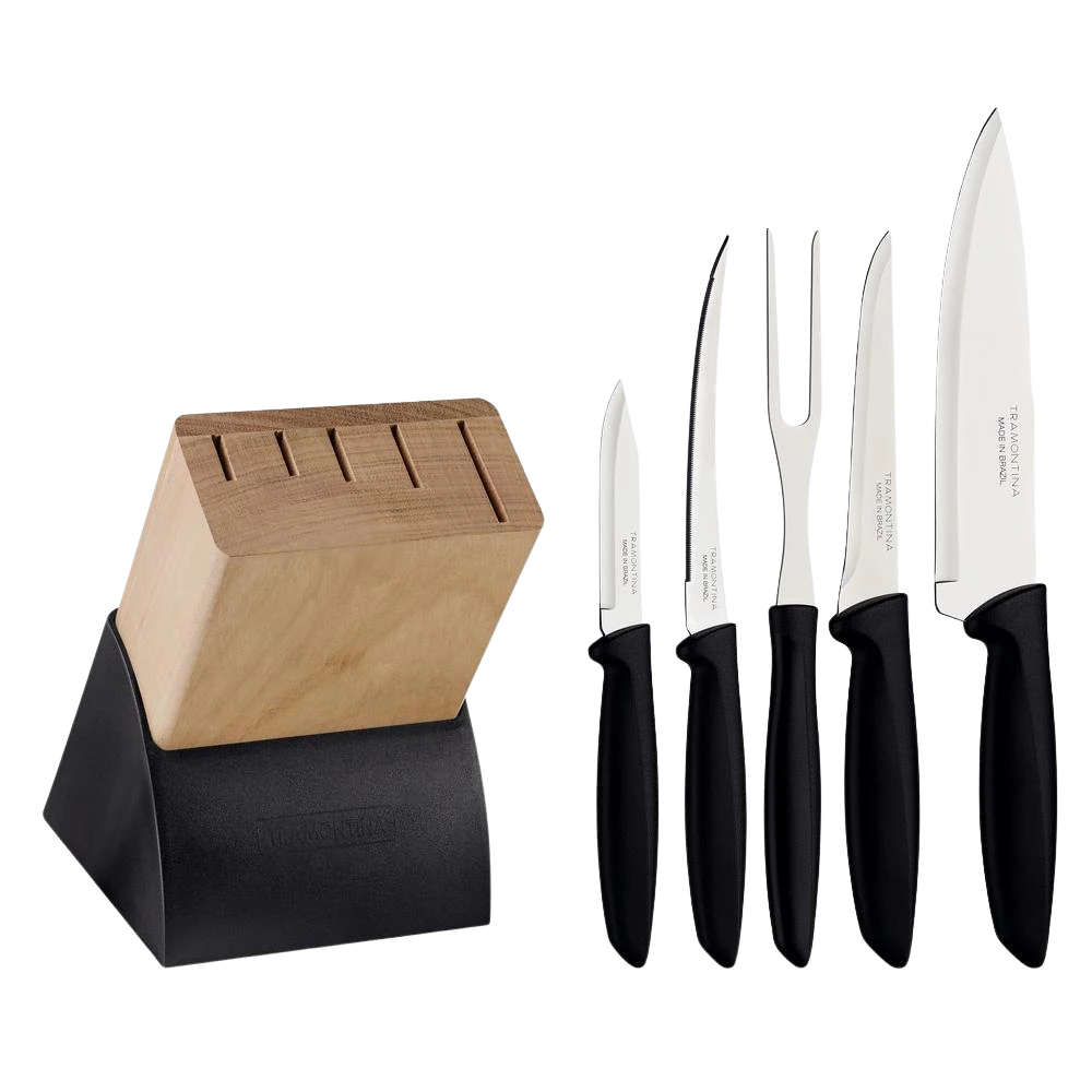 Jogo de Facas Faqueiro 6 Peças Tramontina Plenus Aço Inox Com Cepo de Madeira Suporte Cozinha Gourmet