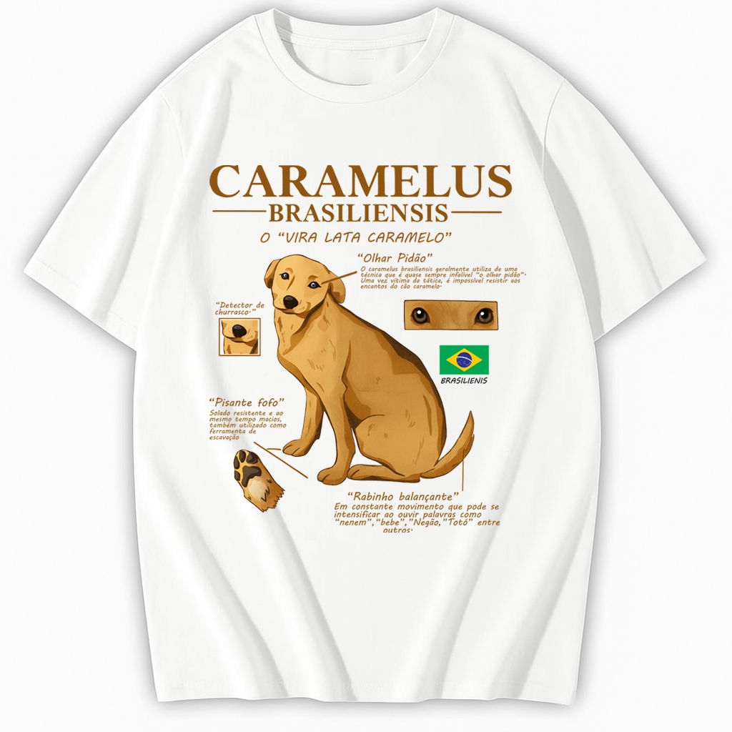 Camiseta Caramelo Brasileiro Estilo Vintage Unissex Moda Streetwear Nacional Estampa Exclusiva Vira Lata Caramelo