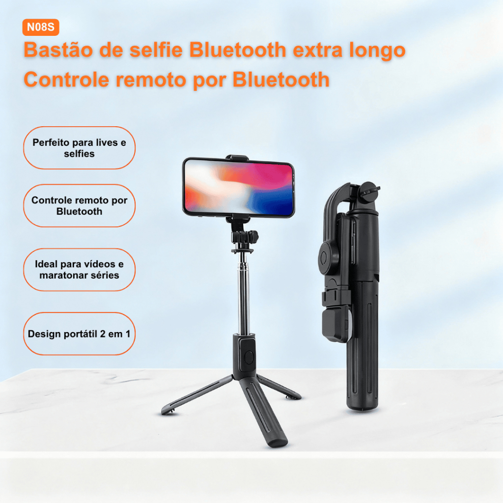 Bastão de Selfie 3 em 1 com Tripé 95 cm, Luz LED Integrada, Controle Remoto, Portátil para Vlog/Live