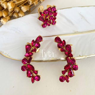 Ear cuff e anel em fúcsia com banho de ouro