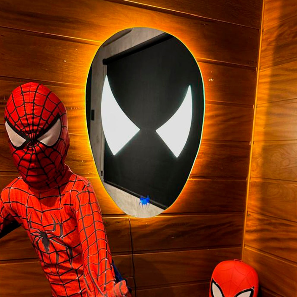 Espelho Infantil Jateado Spider Man Homem Aranha 70x65cm Led Touch Três Tons Azu