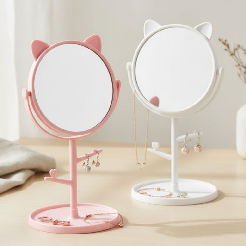 ESPELHO MESA REDONDO GATINHO COM SUPORTE JOIAS PLÁSTICO PP E VIDRO PENTEADEIRA MAKE GATO GATEIRA