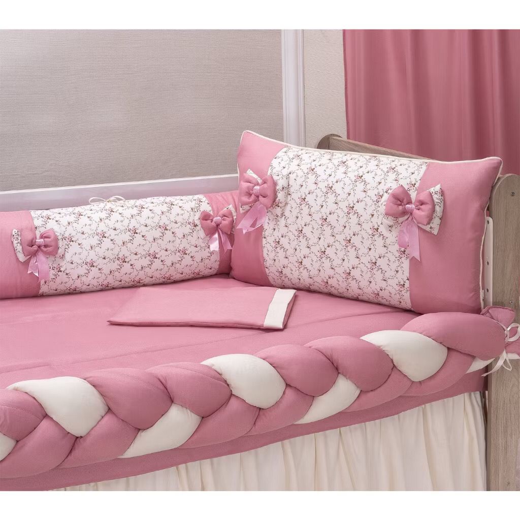 Kit Para Berço 10 Peças Menina Floral Rose Com Saia De Berço + Cortina Rose Liso Barrado Floral Luxo