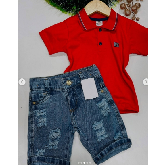 Combo Conjunto Infantil Estiloso Blusa Polo + Bermuda Brin ou Jeans Tamanho 1 ao 8 Envio Imediato Escolha sua cor