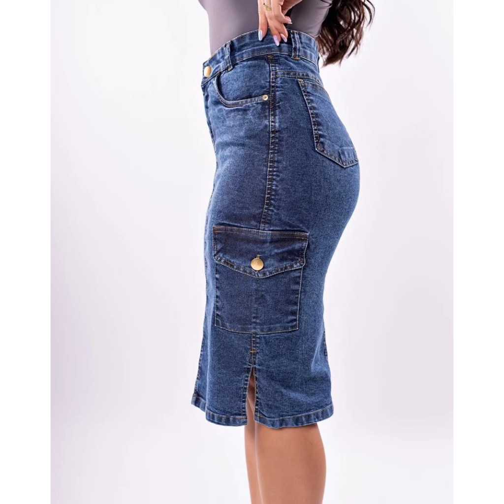 Saias Jeans Mídi Evangélicas com Bolsos Cargo Cintura Alta com Fenda Moda Elegante de Charme em Oferta na Shopee