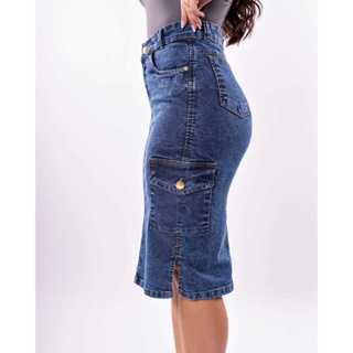 Saias Jeans Mídi Evangélicas com Bolsos Cargo Cintura Alta com Fenda Moda Elegante de Charme em Oferta na Shopee