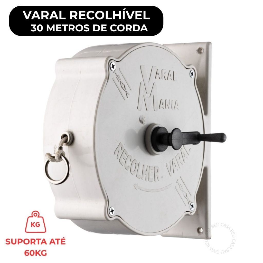 Varal Recolhível Parede 30 Metros de Corda 10 Prendedores Resistente Branco Preto em Oferta na Shopee