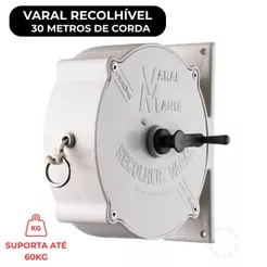 Varal Recolhível Parede 30 Metros de Corda Resistente Branco Preto