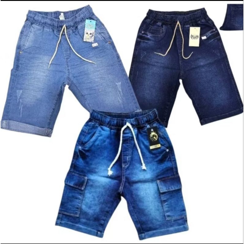 kit com 3 bermuda jeans juvenil com elástico infantil menino no tamanho 10 12 14 16 com 3 peça juvenil