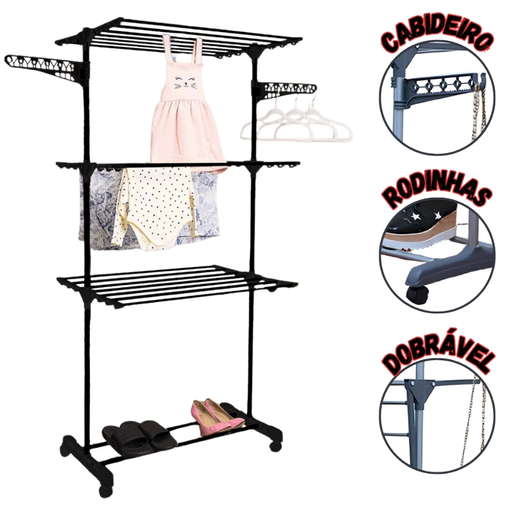 Varal Chão 3 Andares Dobrável Aço Reforçado Com Rodinhas Premium Envio Imediato Preto/Cinza/Azul em Oferta na Shopee