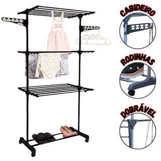 Varal Chão 3 Andares Dobrável Aço Reforçado Com Rodinhas Premium Envio Imediato Preto/Cinza/Azul em Oferta na Shopee