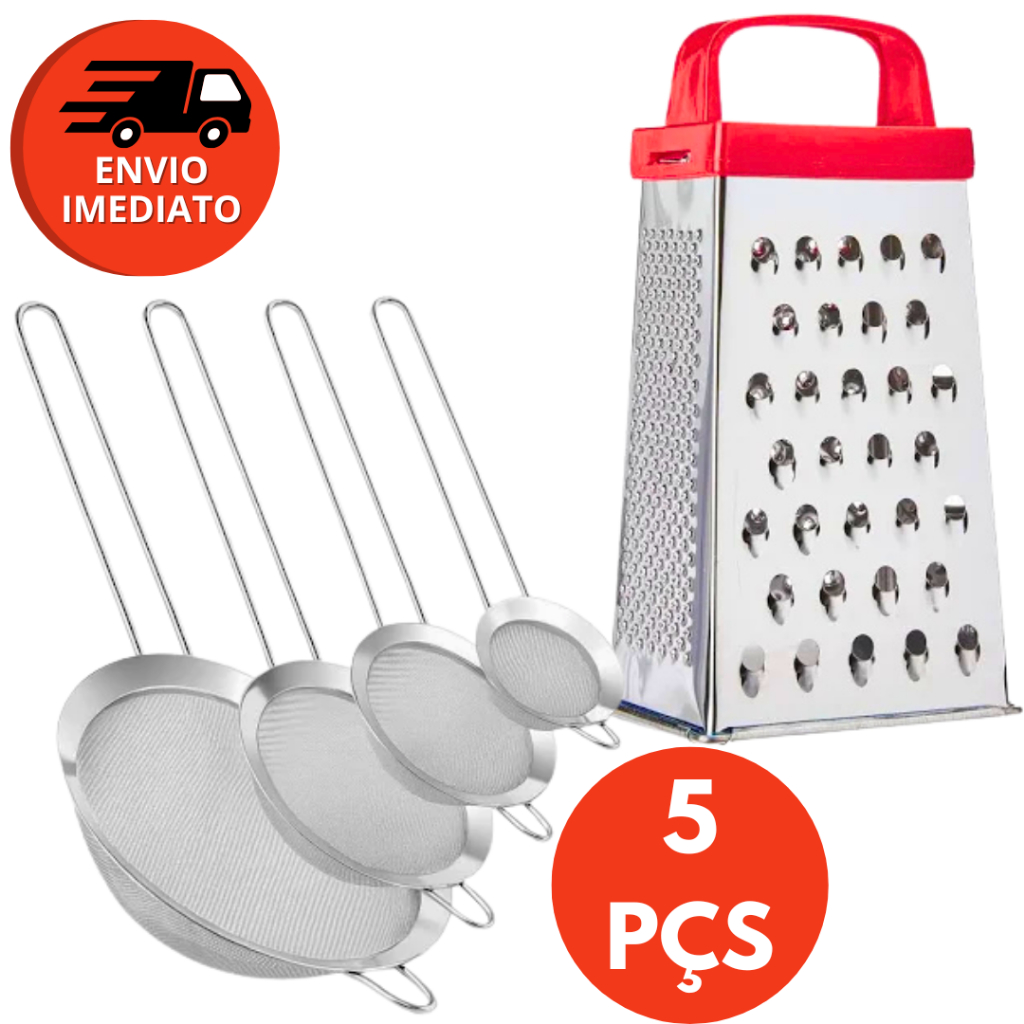 Kit 05 Pç: Ralador 4 Faces Fatia Lamina Legumes Batata E 04 Peneira 18, 16, 14 e 12cm
