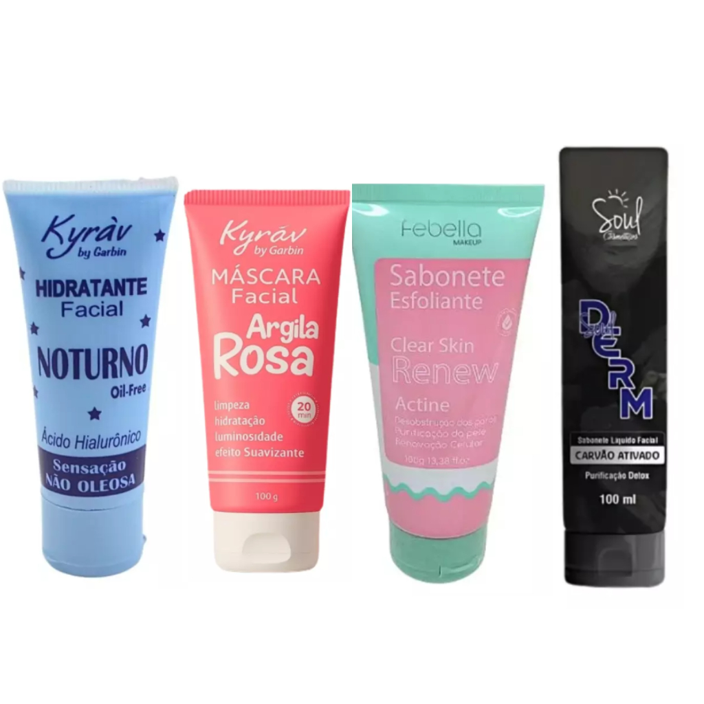 Kit de Limpeza Facial Completo - Gel de Limpeza/ Sabonete Esfoliante / Creme de Hidratação Diurno/Noite