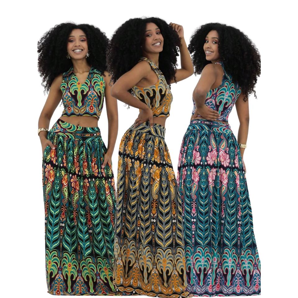 Conjunto Feminino Cropped Gola Camisa e Saia Longa Feminina com Bolsos Solto Viscolycra