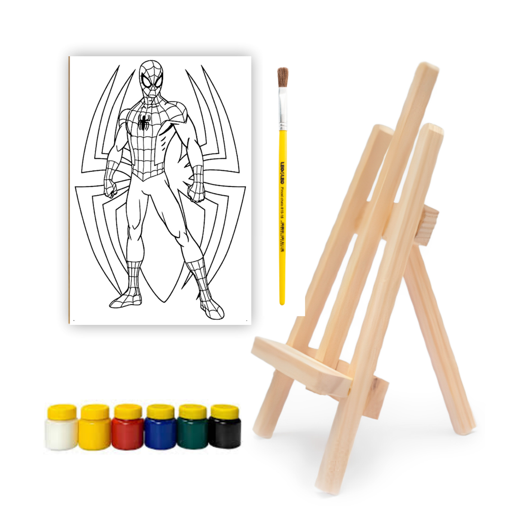 Kit de Pintura Infantil Homem Aranha:1 Mini Cavalete + Guache 6 Cores + 1 Pincel + 1 Tela Homem Aranha