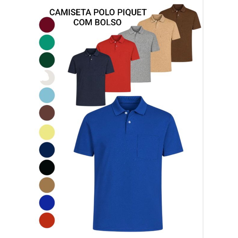 Camisa  Polo Masculina Piquet Com Bolso100% Algodão Verão em Oferta na Shopee