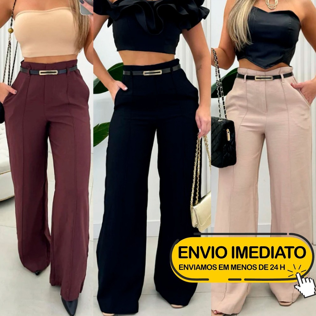 Calça Social Feminina ZARA Modelo Pantalona Alfaiataria Com Cinto Lançamento Moda Luxo Blogueira Elegante em Oferta na Shopee